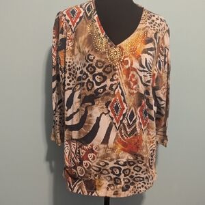Alfred Dunner Mixed Animal & Geometric V-Neck Top in Tan, Brown, Black, Orange